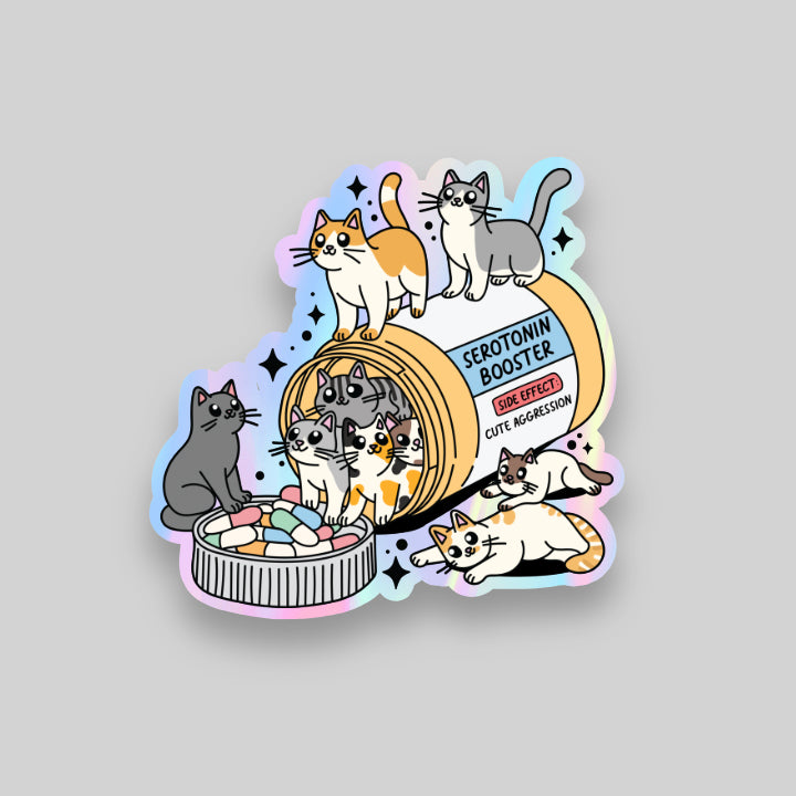 Custom holographic sticker featuring cute kitties. The sticker showcases a vibrant, multi-color holographic effect that changes with light, making the adorable cat designs stand out with a shimmering, eye-catching appeal. Perfect for decorating laptops, notebooks, or any personal items.