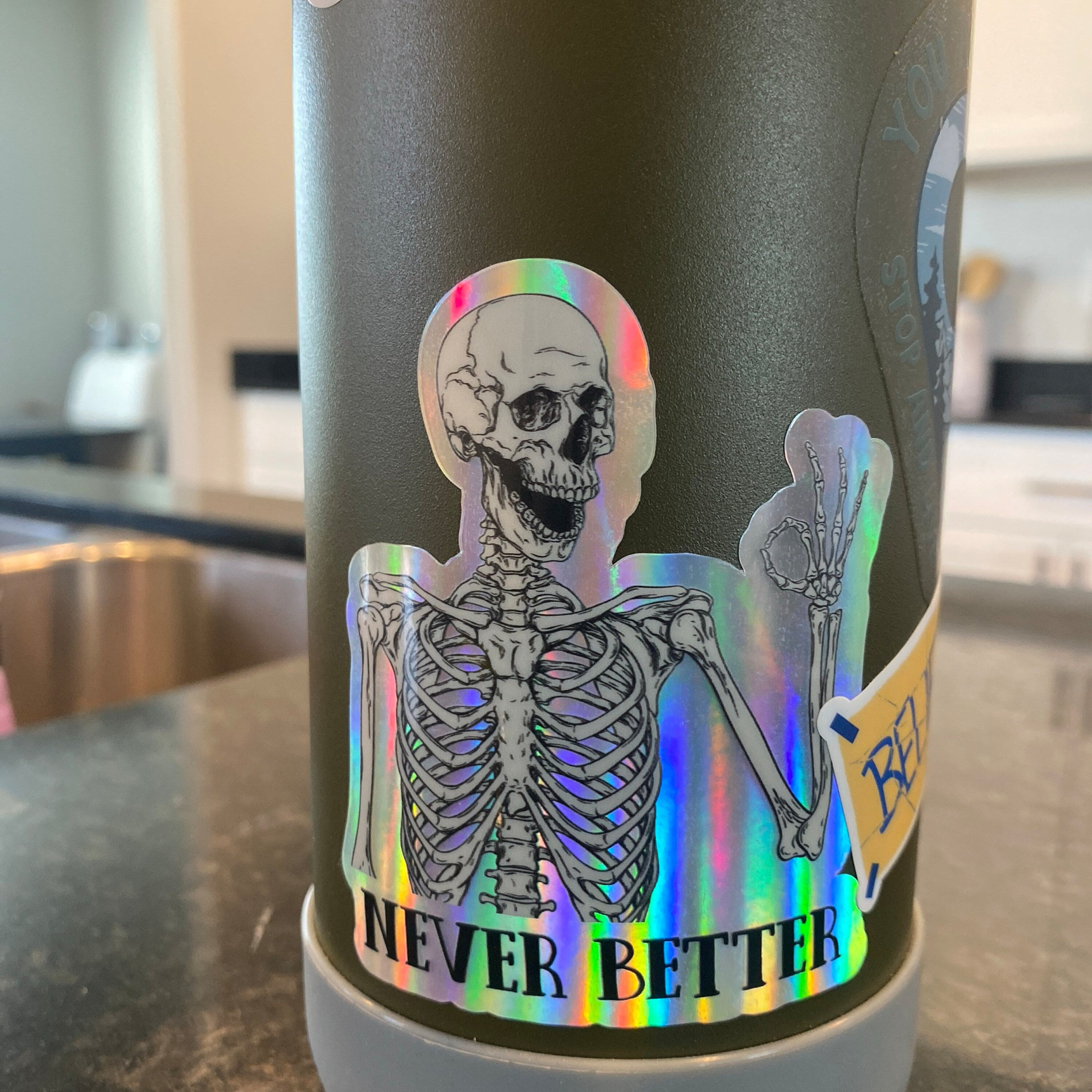 Holographic custom decal featuring a skull with the sarcastic phrase 'Never Better'. This multi-color holographic sticker changes with light, enhancing the dark comedic design. Ideal for adding a touch of sarcastic humor to laptops, notebooks, water bottles, and personal items. Perfect for those who appreciate dark humor and unique stickers.