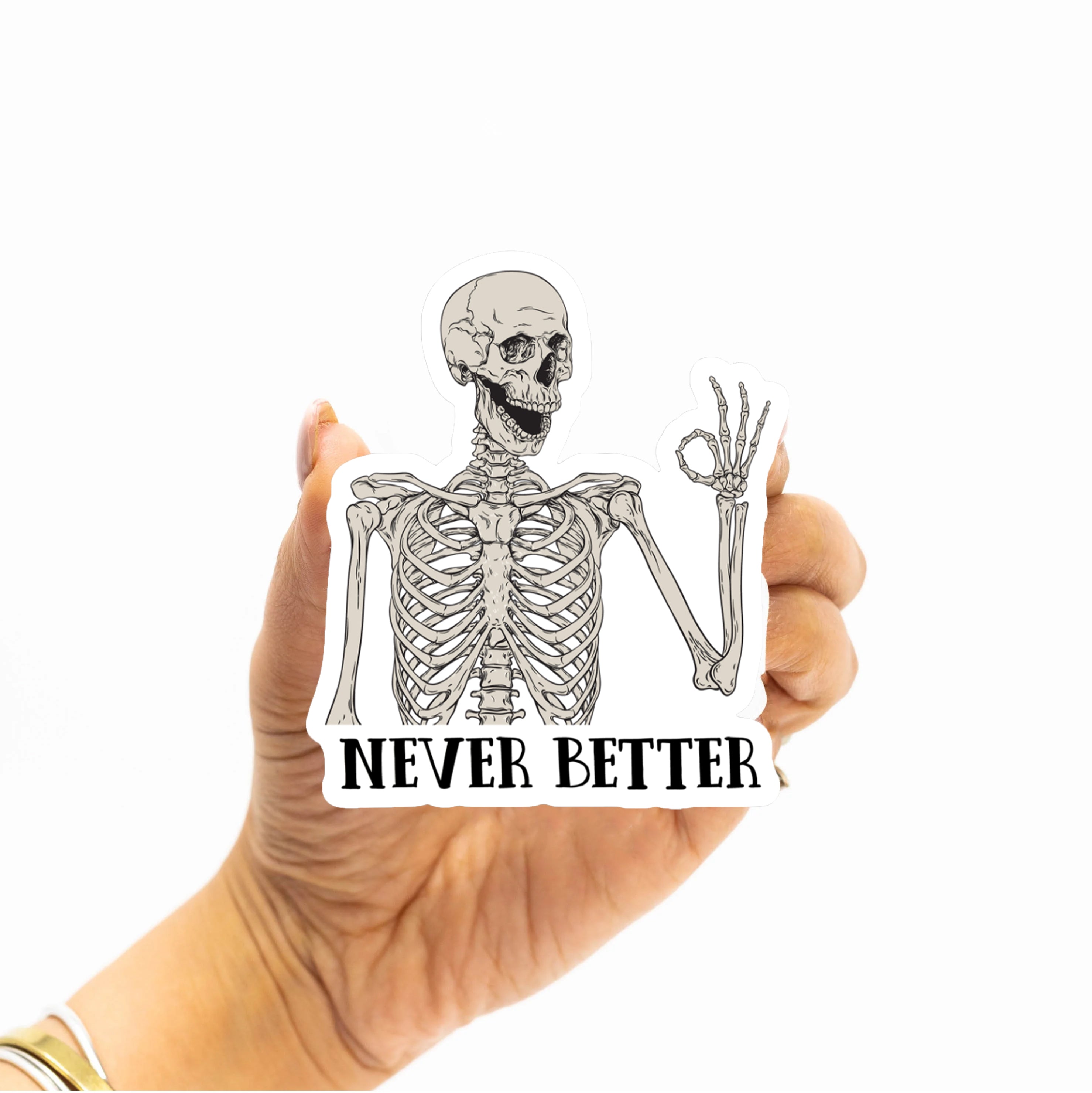 Holographic custom decal featuring a skull with the sarcastic phrase 'Never Better'. This multi-color holographic sticker changes with light, enhancing the dark comedic design. Ideal for adding a touch of sarcastic humor to laptops, notebooks, water bottles, and personal items. Perfect for those who appreciate dark humor and unique stickers.